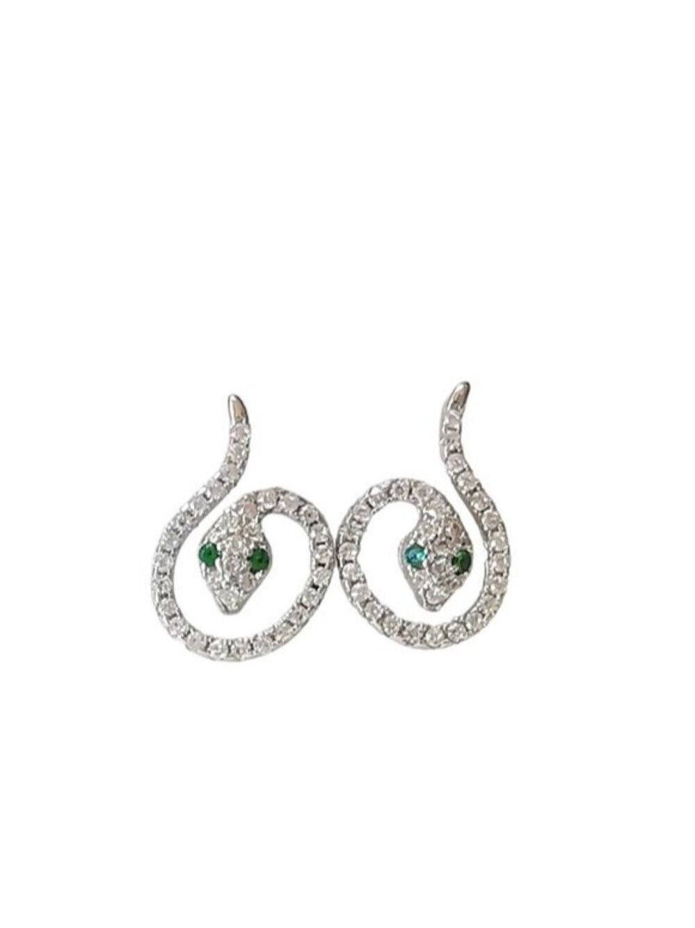 Snake stud  earrings in Sterling Silver CZ & Small Emerald Eyes 🆕